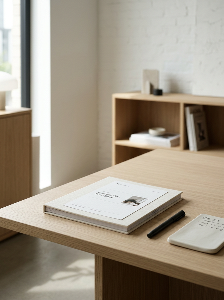 A wooden desk with a planner, a black pen, and a ceramic plate with handwritten notes inside in a bright, modern office with a bookshelf and window.
