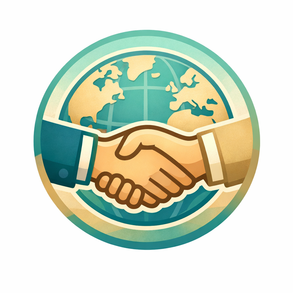 A graphic of two hands shaking, with a globe in the background, symbolizing global partnership or cooperation.