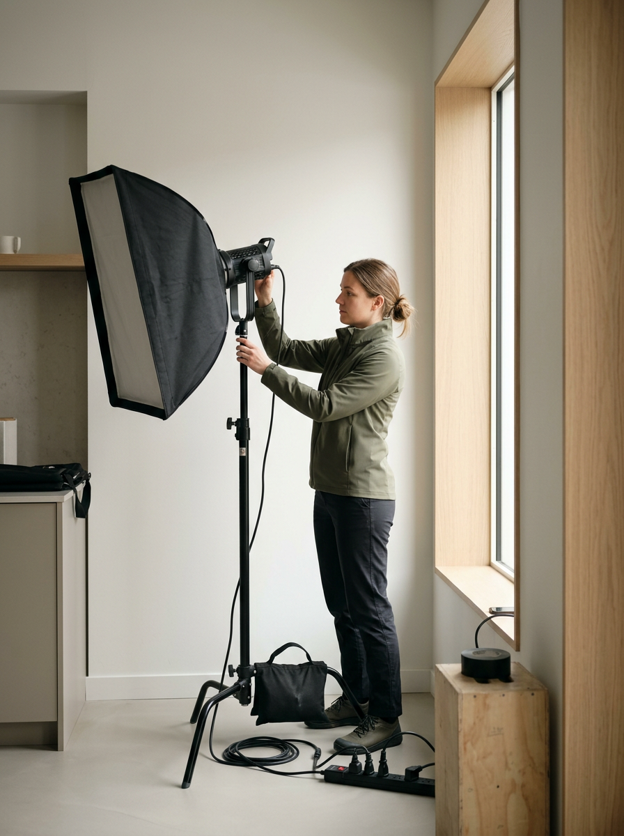 A woman adjusting a large studio light in a well-lit room near a window.