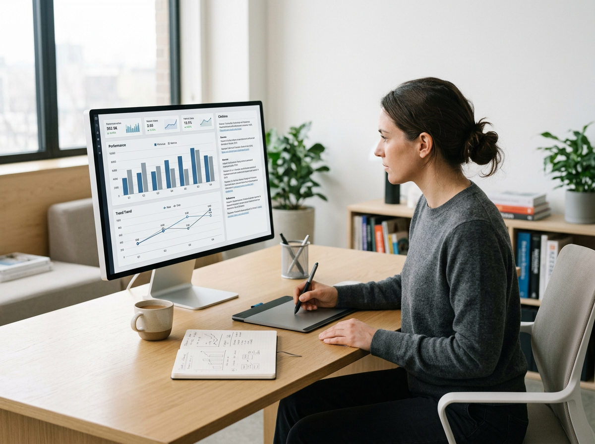 Woman working at a desk with a computer monitor displaying charts and graphs, notes, a coffee mug, and a potted plant in the background.
