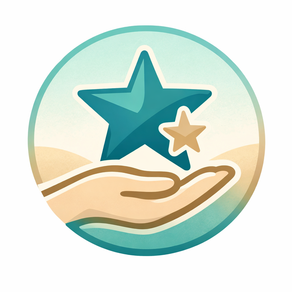 A stylized illustration of a hand holding a larger star with two smaller stars in the background, set against a beach and sky backdrop.