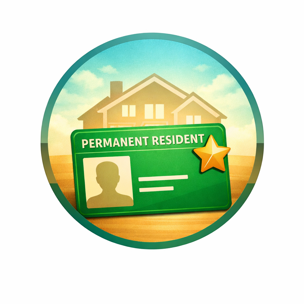 Illustration of a house in the background with a green permanent resident card in the foreground, featuring a silhouette of a person's head, with a star badge attached.