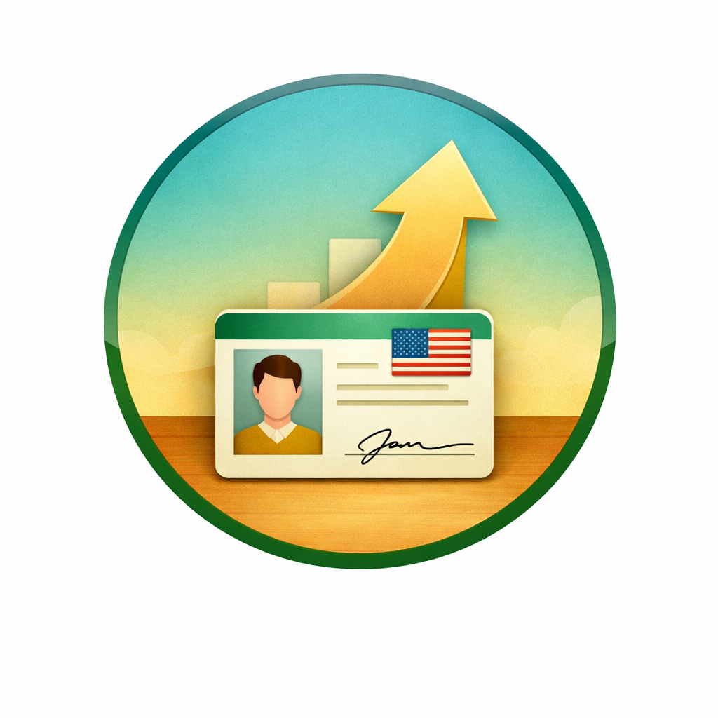 Illustration of a U.S. identity card with a rising arrow in the background symbolizing growth or progress.