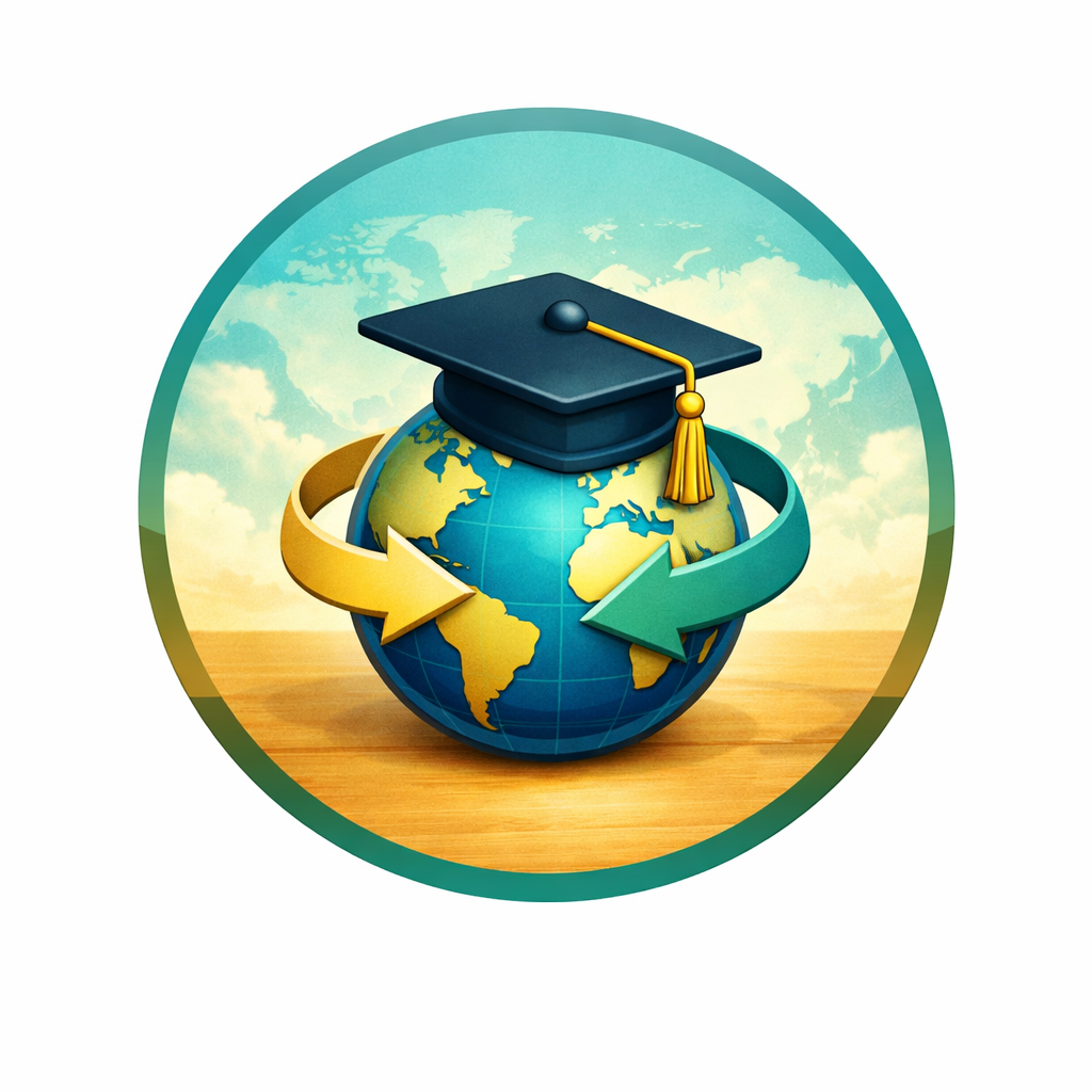 Globally themed educational icon showing Earth with a graduation cap, yellow and teal arrows wrapping around it, and a background of clouds and sky.
