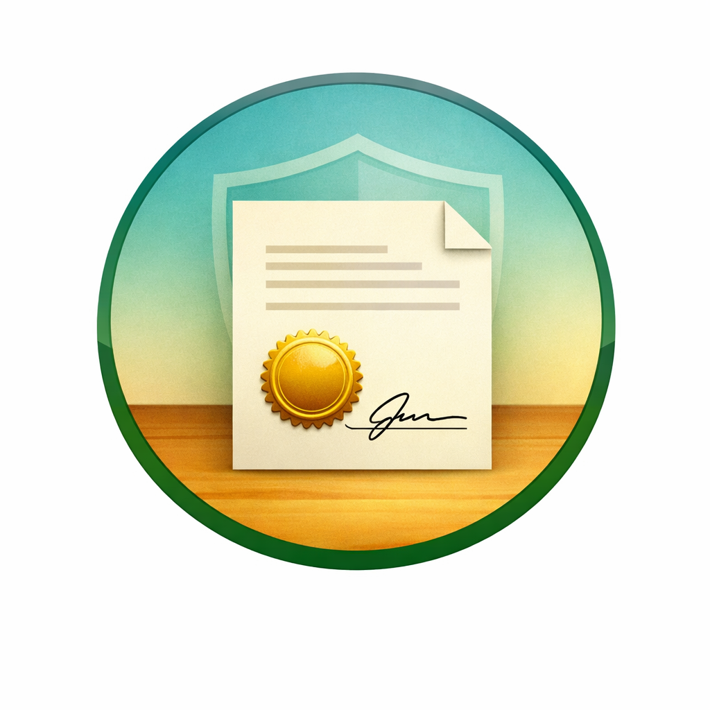 Certificate of achievement with a gold seal and signature on a wooden surface, with a shield symbol in the background.