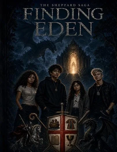 Cover art for The Sheppard Saga: Finding Eden, featuring four young characters in front of a dark, forested background with a glowing castle tower and dragons.