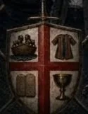 Coat of arms with a red cross dividing four quadrants, each containing different objects: a ship, a shirt, stone tablets, and a goblet.