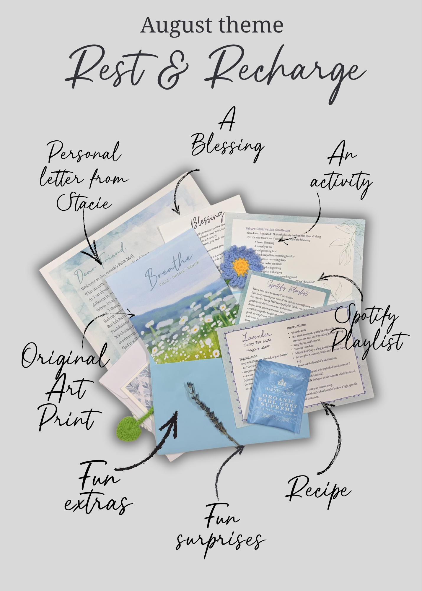 A collage of various paper items and small gifts related to August themes such as rest, recharge, and relaxation. Includes handwritten notes, printed cards, a packet of Earl Grey tea, a felt flower, a lavender sachet, and decorative paper with nature-inspired designs.