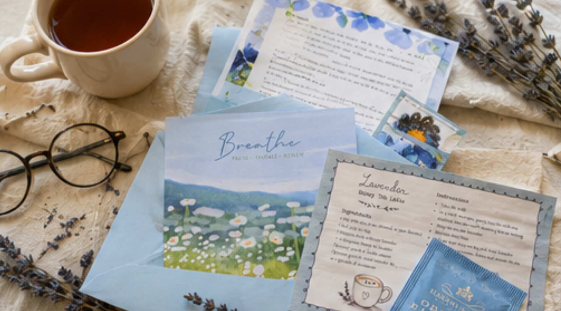 A cup of tea, a pair of round eyeglasses, lavender sprigs, and various printed materials including a pamphlet titled 'Breathe' and a menu for lavender-infused dishes on a textured fabric surface.
