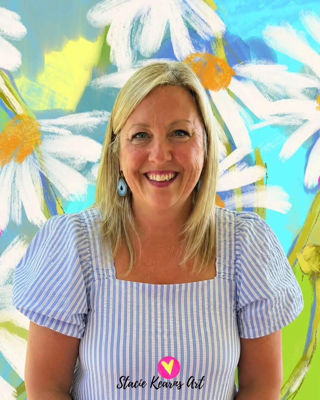 A woman with blonde hair smiling in front of a colorful floral background.