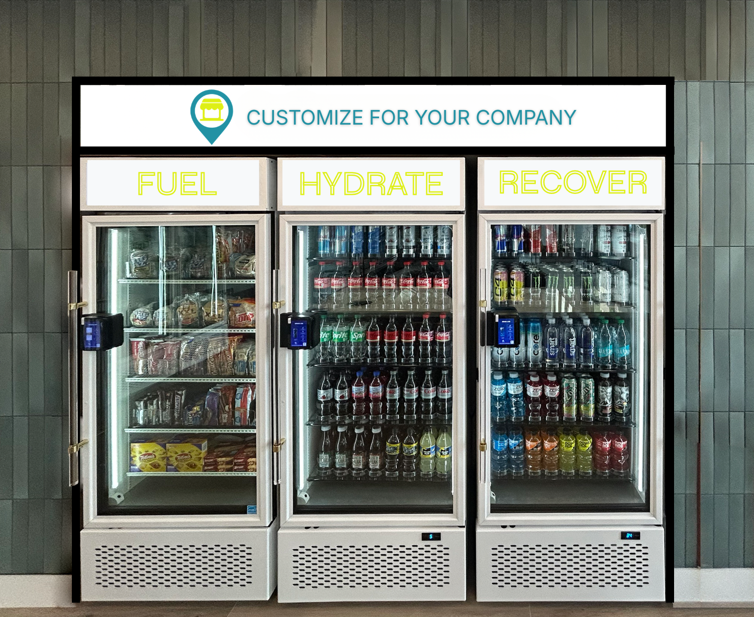 Three beverage vending machines with a sign above that reads 'Customize for your company,' offering options for fuel, hydration, and recovery.