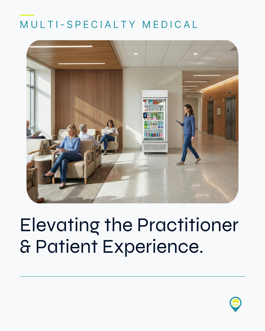 A modern medical waiting area with patients seated on comfortable chairs, a vending machine with drinks, and a woman walking while looking at her phone, with elevator signs and windows letting in natural light.