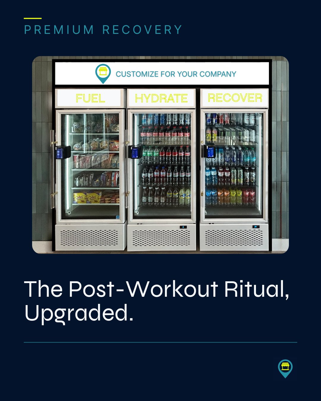 Refrigerator with three sections labeled Fuel, Hydrate, and Recover. The Fuel section contains snacks, the Hydrate section is stocked with Coke bottles, and the Recover section has various beverages. The surrounding background is tiled wall.