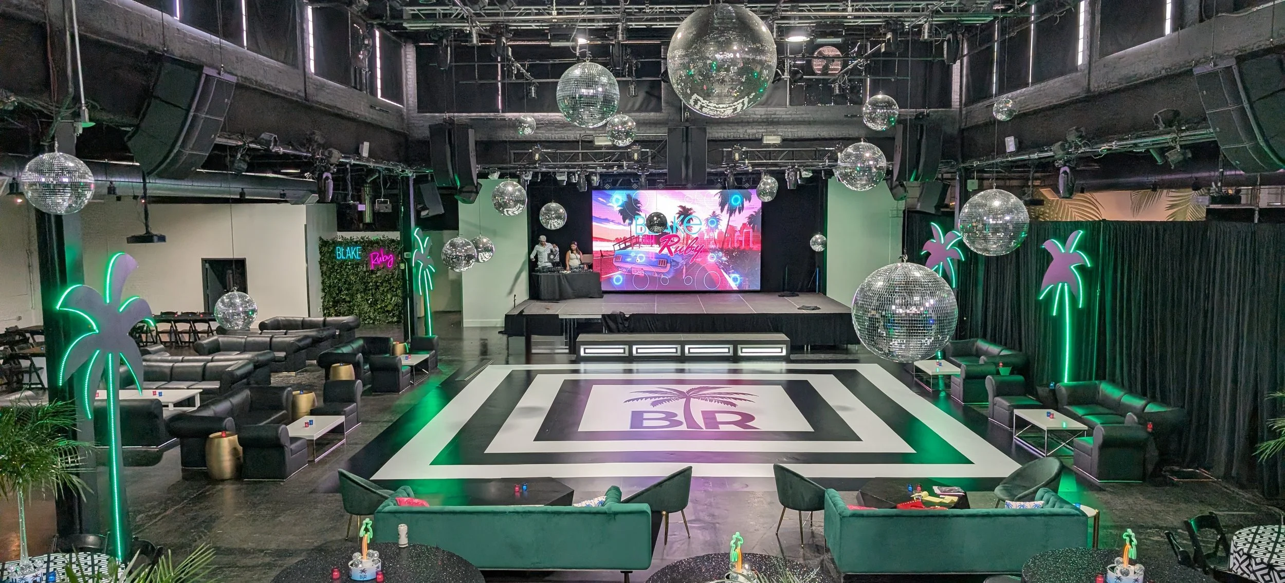 Birds eye view of customized dance floor graphic.