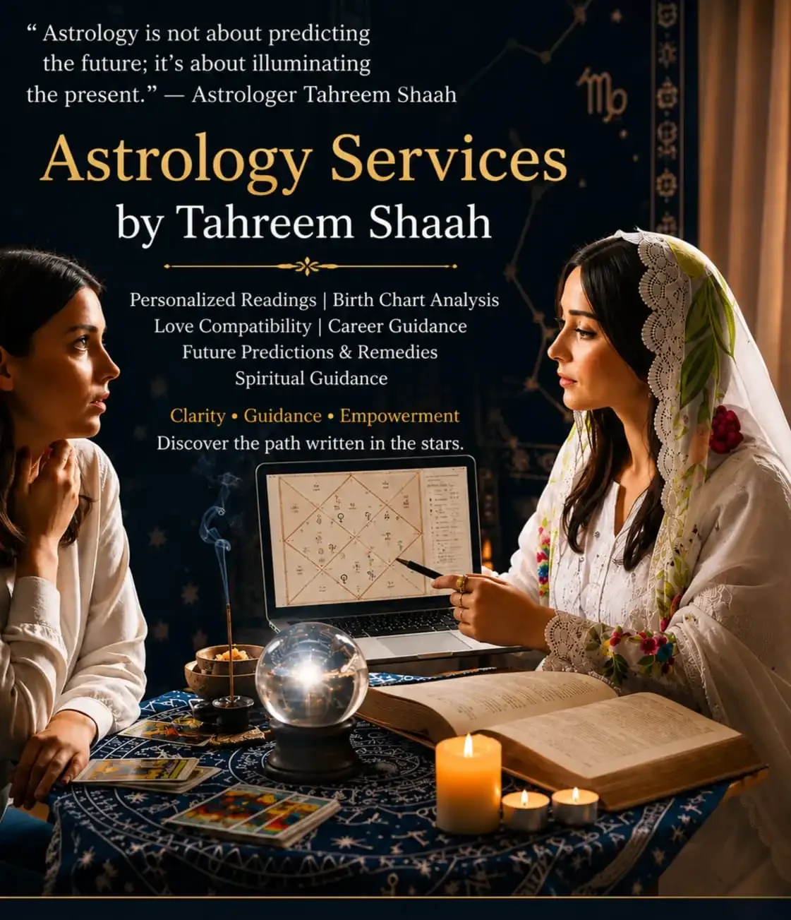 Two women engaging in an astrology reading session, with a laptop displaying a natal chart, tarot cards, candles, and an open book on a table covered with a celestial-themed cloth. One woman is dressed traditionally with a veil.