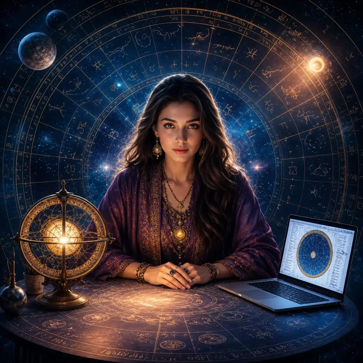 A woman sitting at a table with astrological tools, including a zodiac circle, with a cosmic background of stars, planets, and constellations, and a laptop displaying an astrological chart.