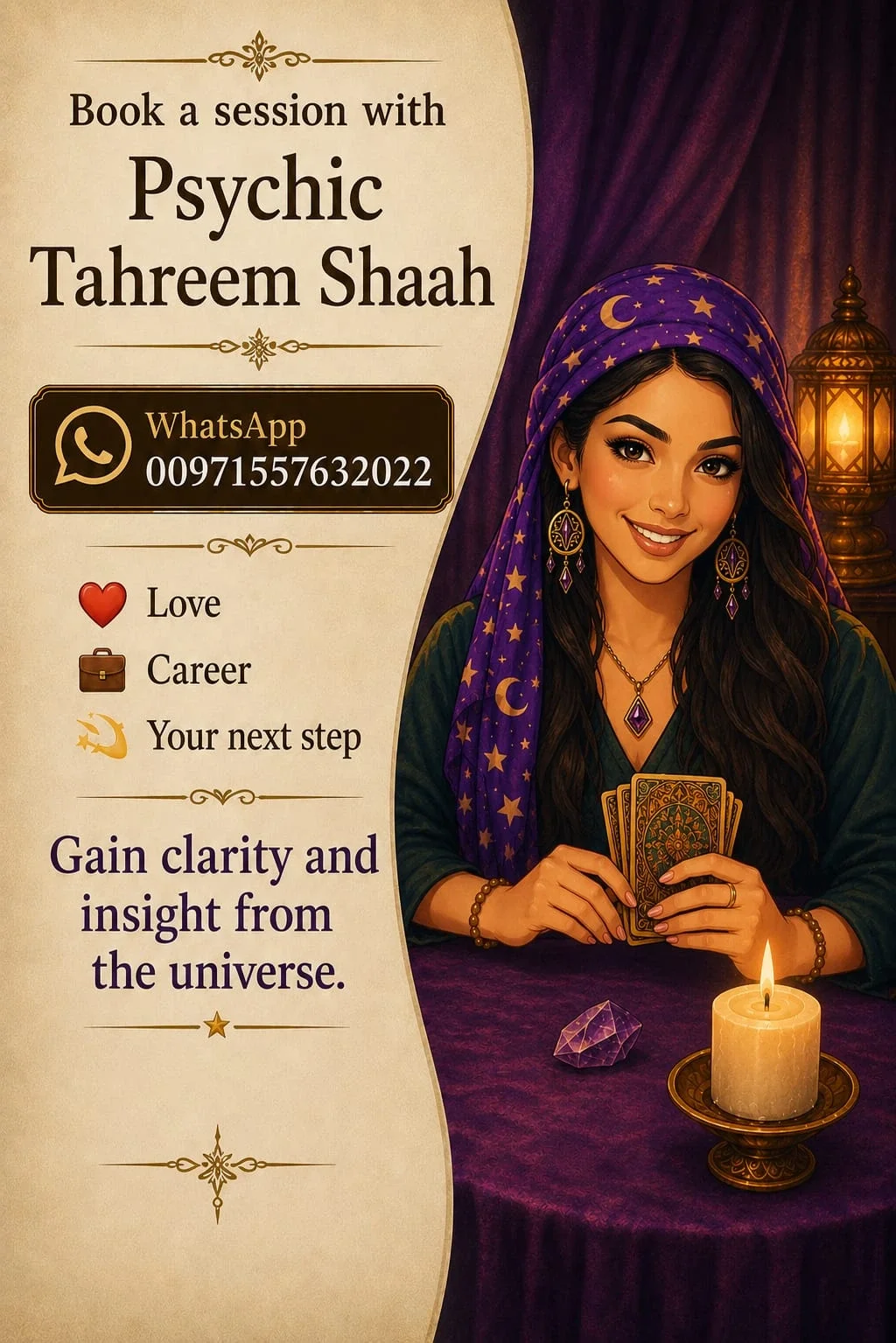Decorative flyer advertising tarot or psychic reading sessions with Psychic Tahreem Shaah, including WhatsApp contact information, featuring an illustration of a woman with dark hair and a purple headscarf with stars and moons, sitting at a table with tarot cards, a lit candle, and a purple crystal, set against a dark purple curtain background.