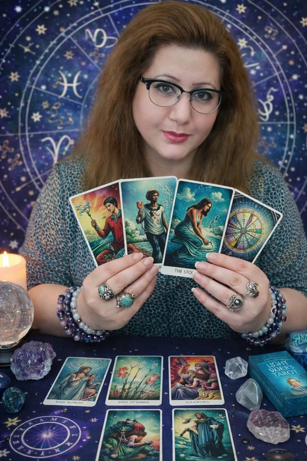 A woman with red hair, glasses, and jewelry, holding tarot cards, with a star sign backdrop and crystals on the table.