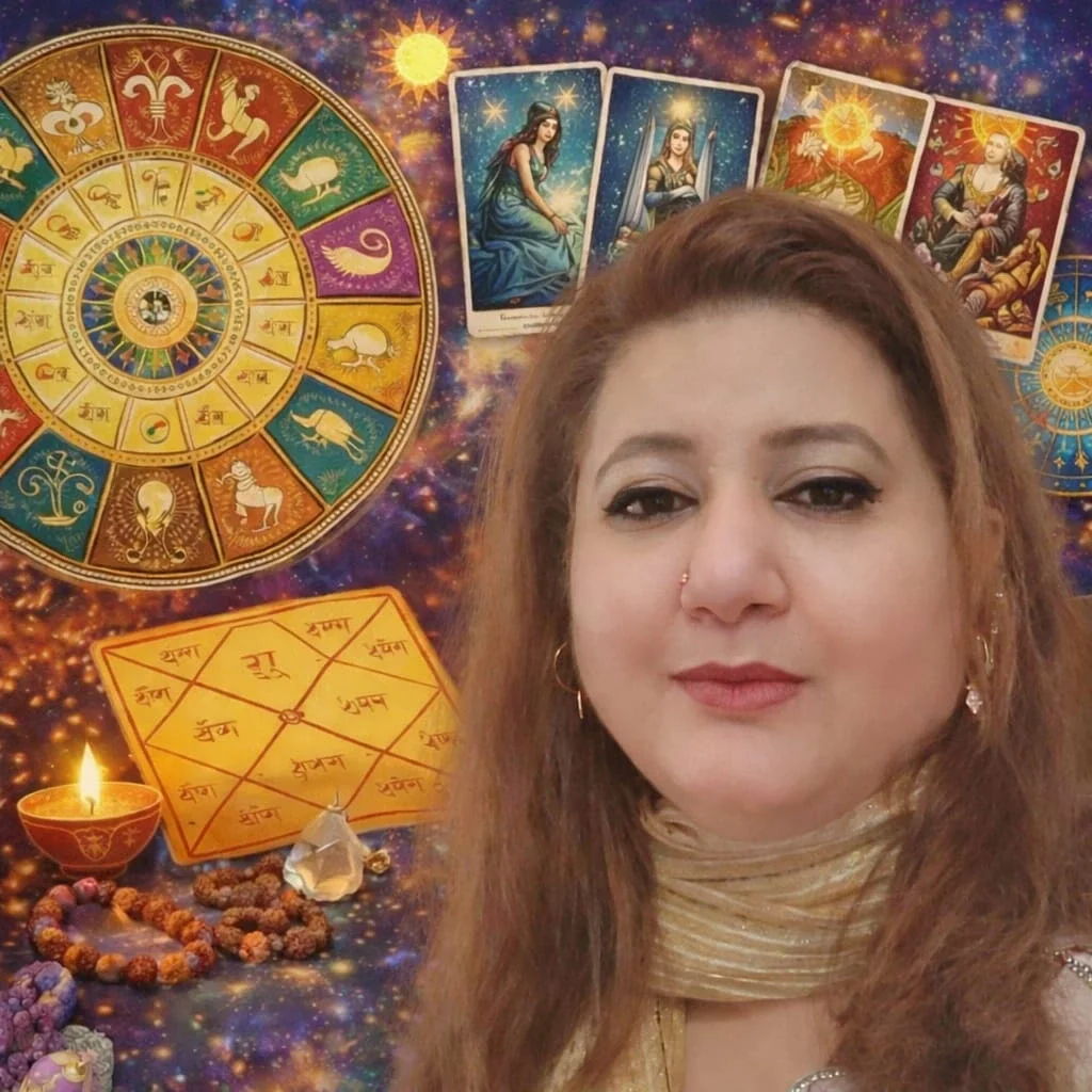 A woman with brown hair, wearing gold earrings, a nose ring, and a beige scarf, in front of a background featuring astrology and spiritual tools, including a zodiac wheel, tarot cards, a candle, prayer beads, and a yellow chart with Hindi writing.