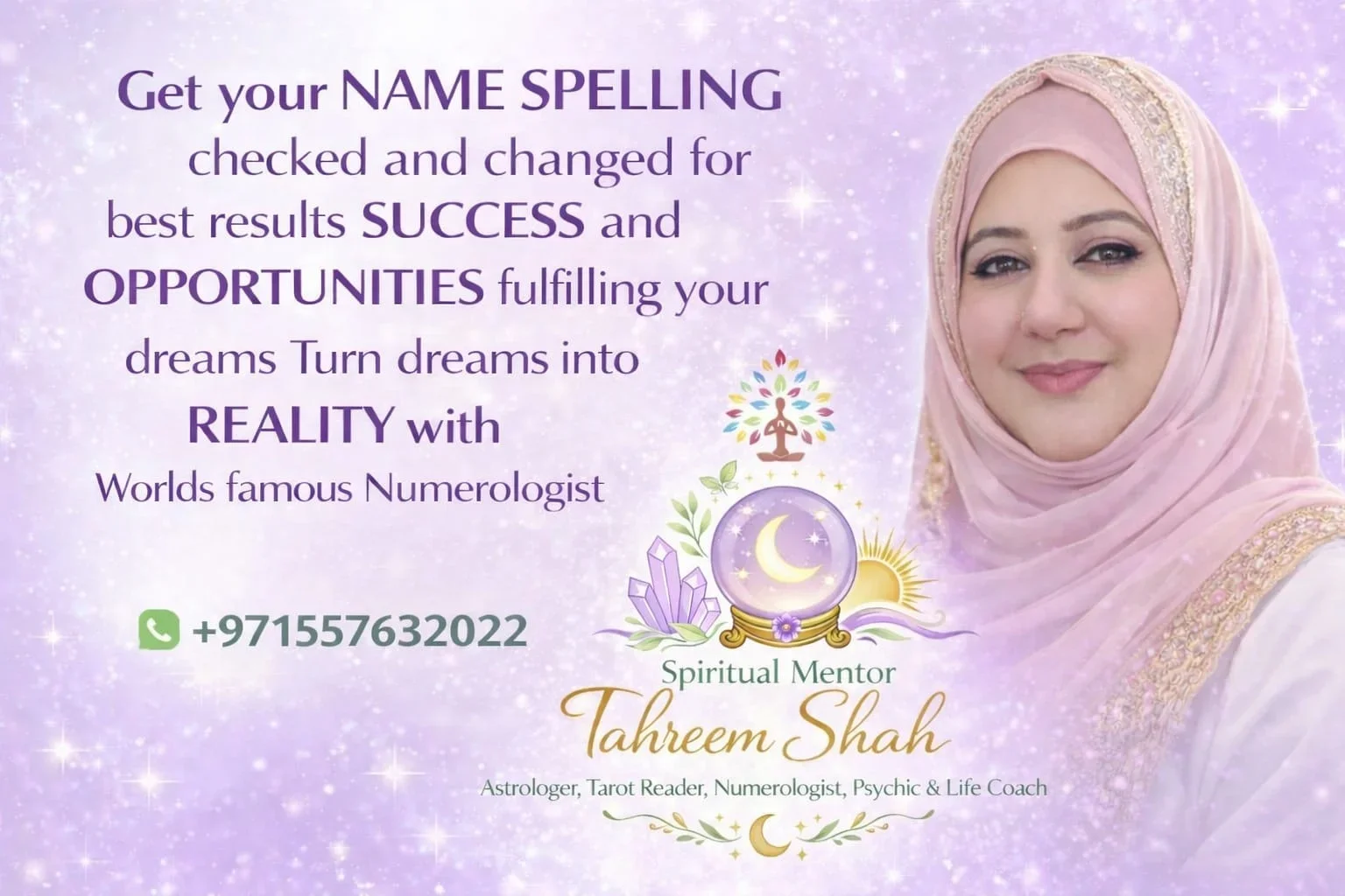 A woman wearing a pink hijab smiling, with a background of purple and white sparkles. Text promotes name spelling correction and success, with contact info and credentials of spiritual mentor Tahreem Shah.