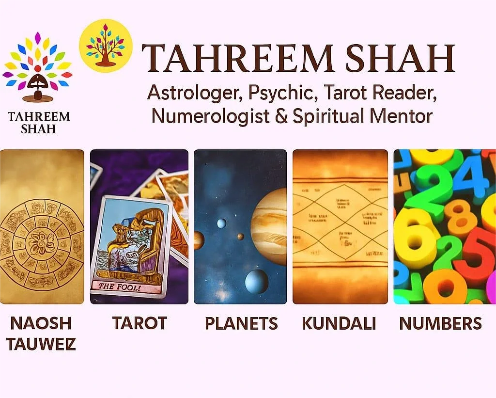 A promotional image for Tahreem Shah, an astrologer, psychic, tarot reader, numerologist, and spiritual mentor. It features logos and images representing Naosh Tauwez, Tarot cards, planets, Kundali analysis, and colorful numbers.