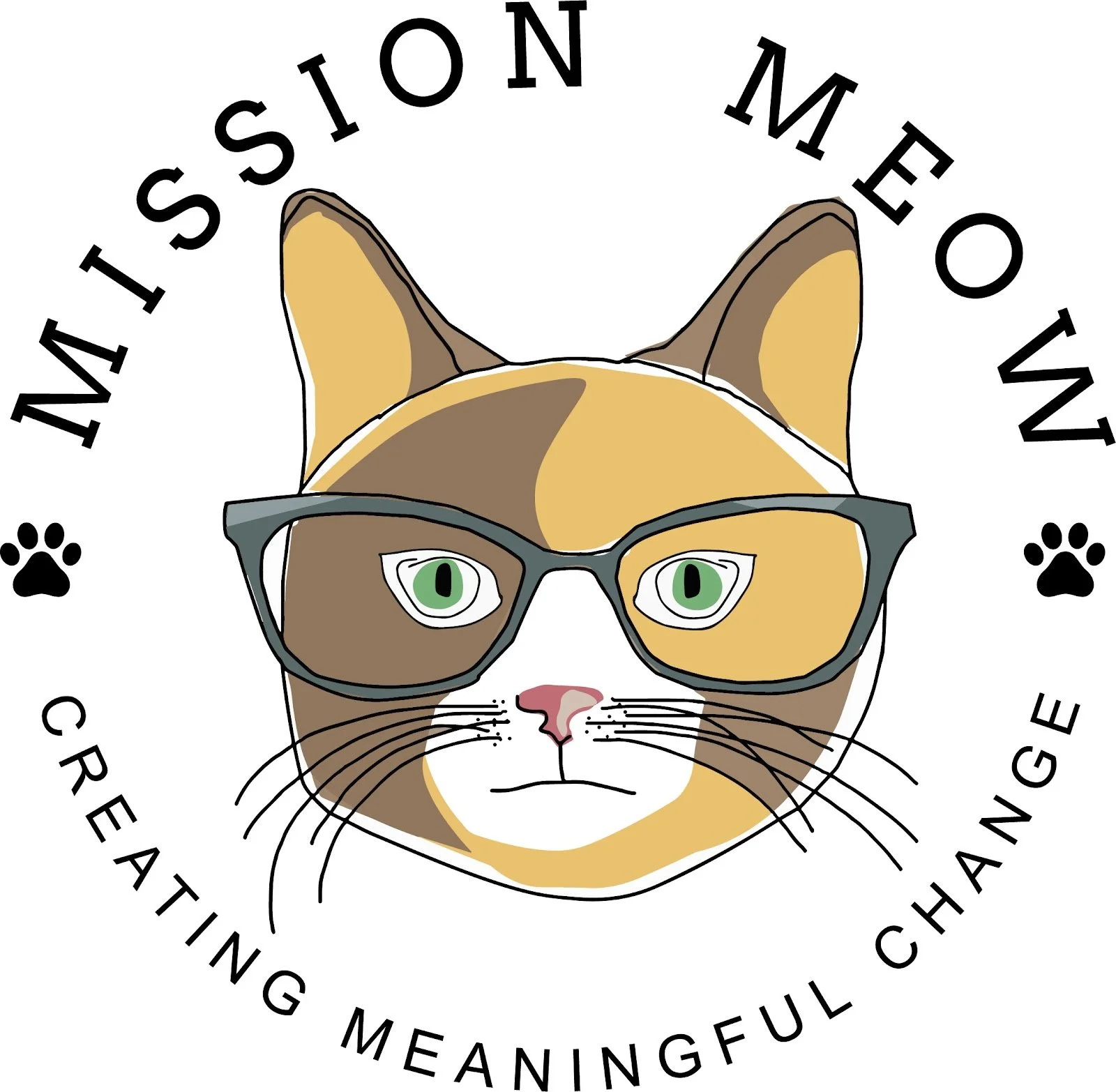 Illustration of a cat wearing glasses with text forming a circle around it that reads, "MISSION MEOW," "CREATING MEANINGFUL" and "MEANINGFUL."