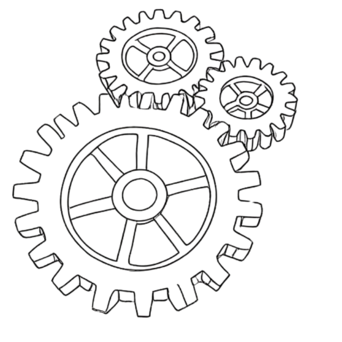 Outline drawing of four interlocking gears of different sizes on a black background.