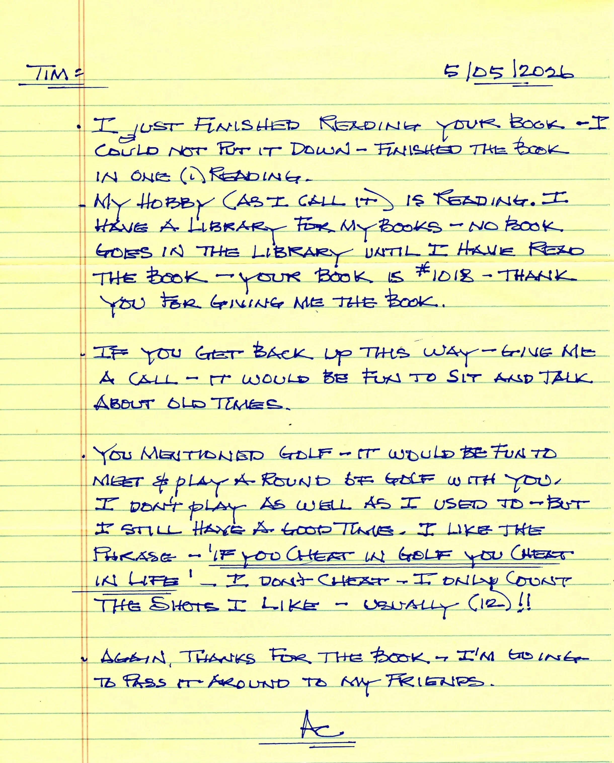 A handwritten letter on yellow lined paper, dated 5/05/2026, discussing reading books, hobbies, and golf, signed with initials 'AC'.