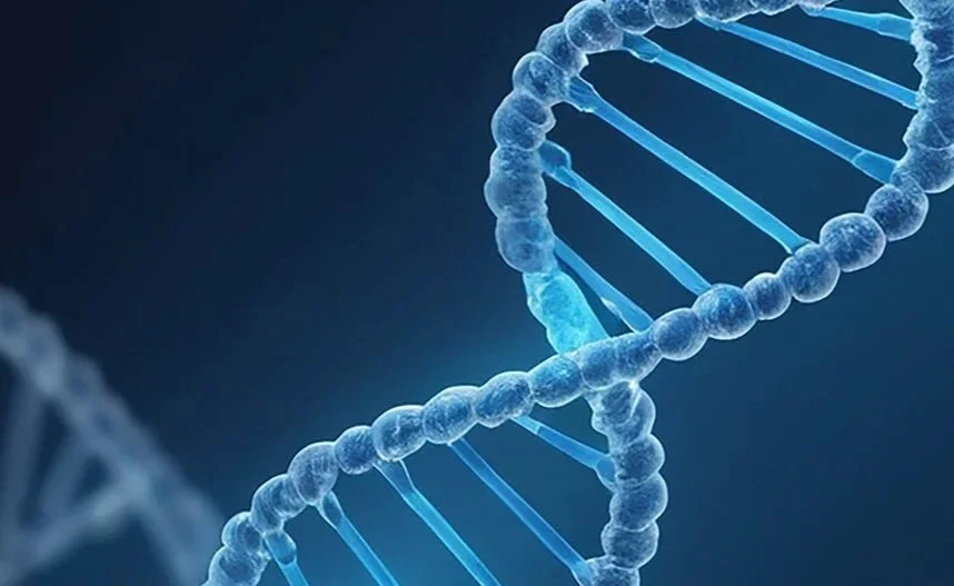 A blue image of a DNA helix.