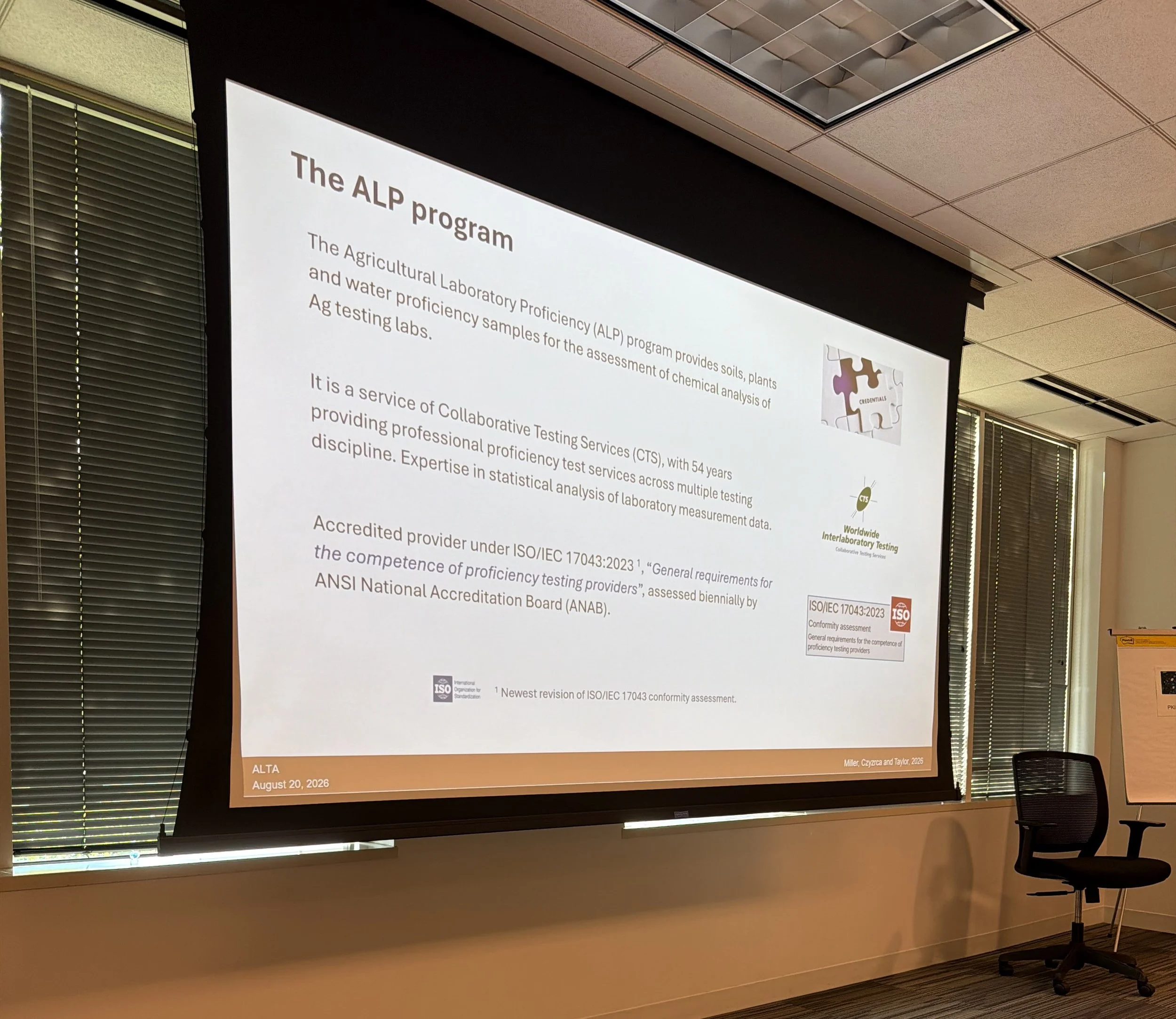 A slide discussing CTS' Agricultural Laboratory Proficiency (ALP) program, highlighting technical expertise and accreditation to ISO/IEC 17043:2023.