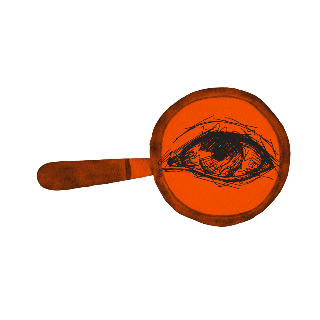 Graphic in orange and black of a magnifying glass with eye ball in it with a button titled FIND that goes to membership and office options at The Wedge.