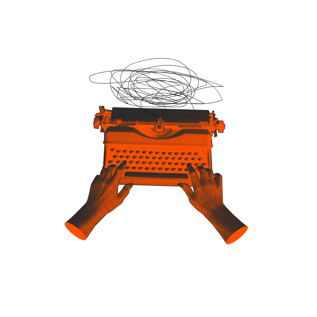 Graphic in orange and black of a typewriter with hands typing with a button titled Schedule that goes to a calendar to schedule a tour at The Wedge.