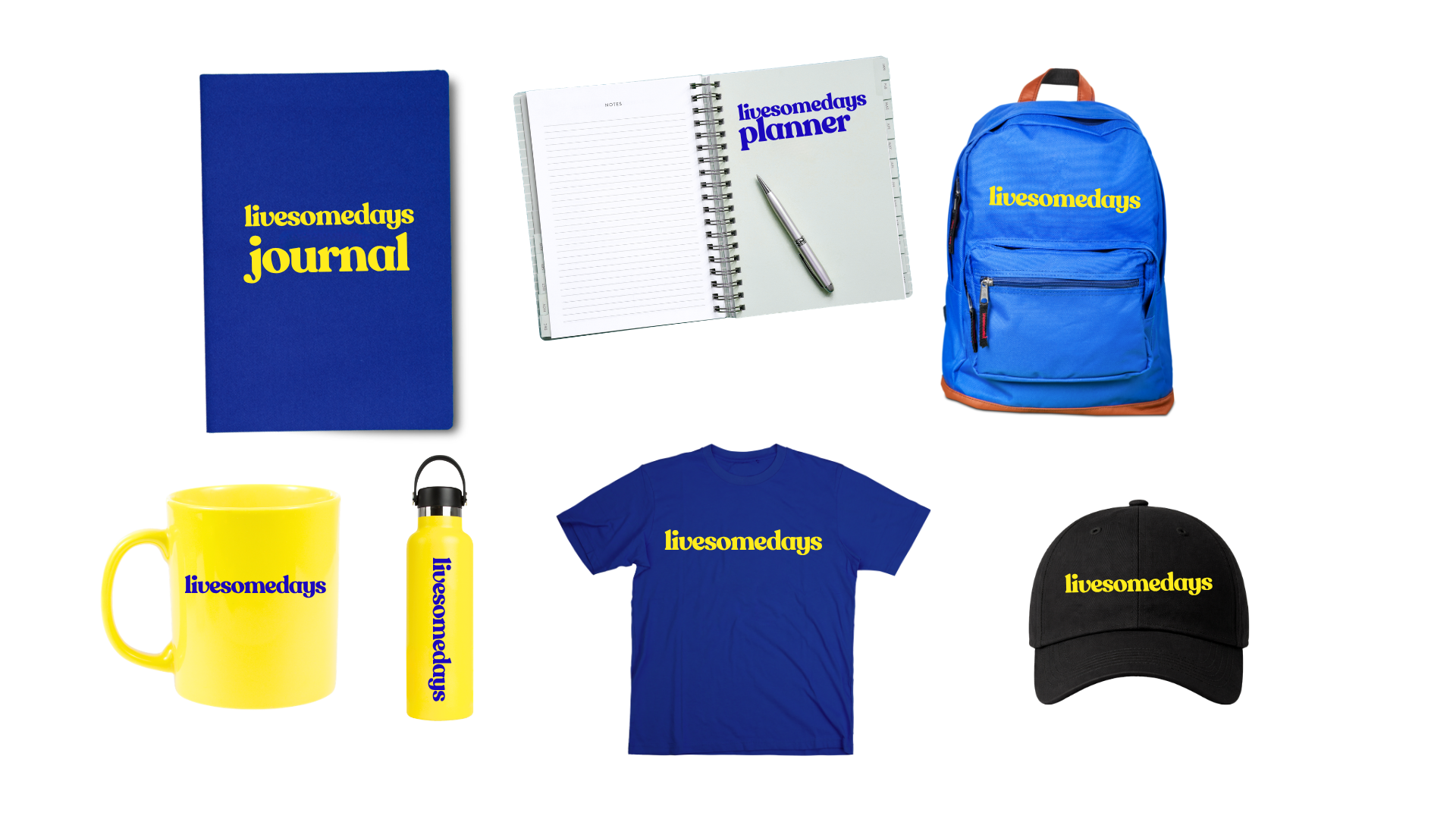 Collection of 'livesomedays' branded merchandise including a blue journal, planner, backpack, yellow mug, yellow water bottle, blue T-shirt, black cap, and yellow pen.