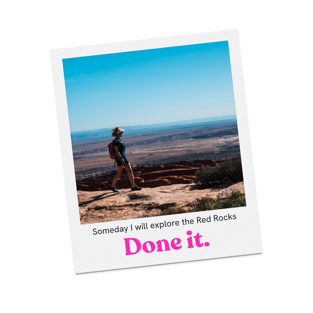 Poloroid picture of woman hiking MOAB Red Rocks with caption 'Done it.'