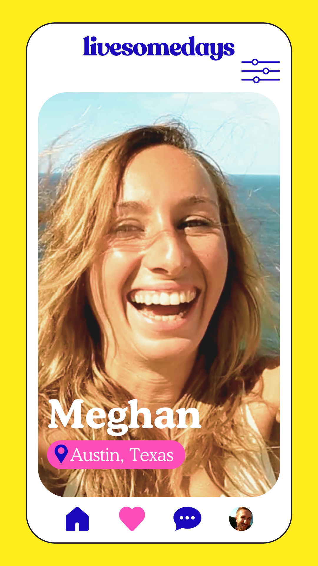 A woman with long, wavy hair smiling broadly with the ocean and sky in the background, on a smartphone screen in a dating app profile.