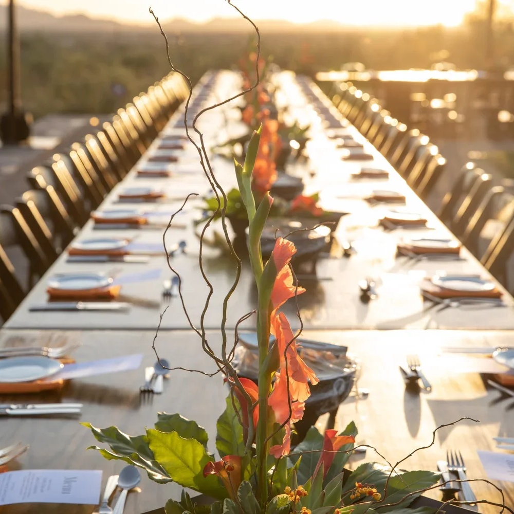 A long dining table set for a meal outdoors during sunset, decorated with a tall floral centerpiece featuring pink flowers and greenery.
