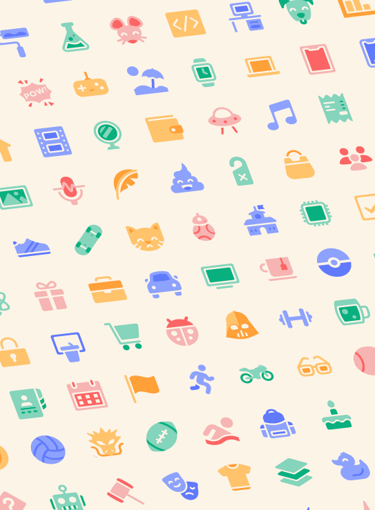 Colourful collection of illustrated Bear TagCons icons, including objects, animals and everyday symbols.