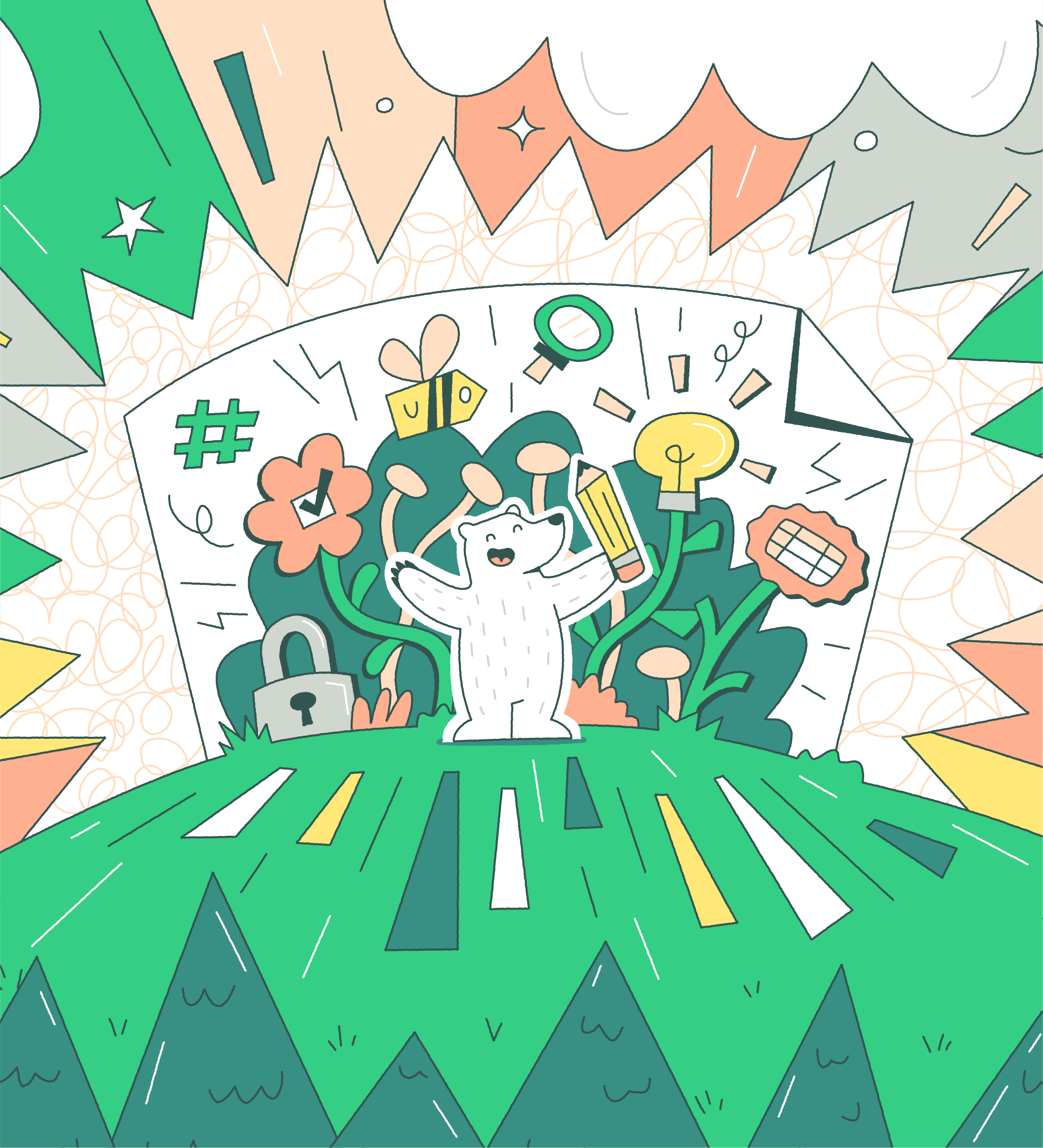 Playful Bear app illustration surrounded by colourful icons and objects.