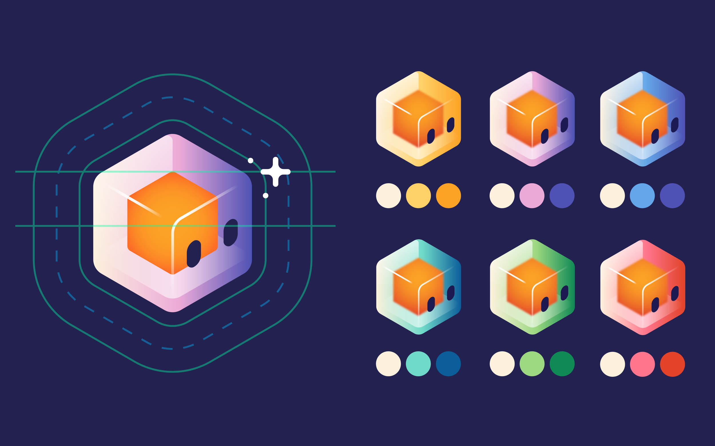 GitLab Duo AI agent character design featuring a geometric orange cube mascot, alongside six colourful variations and their corresponding colour palettes.
