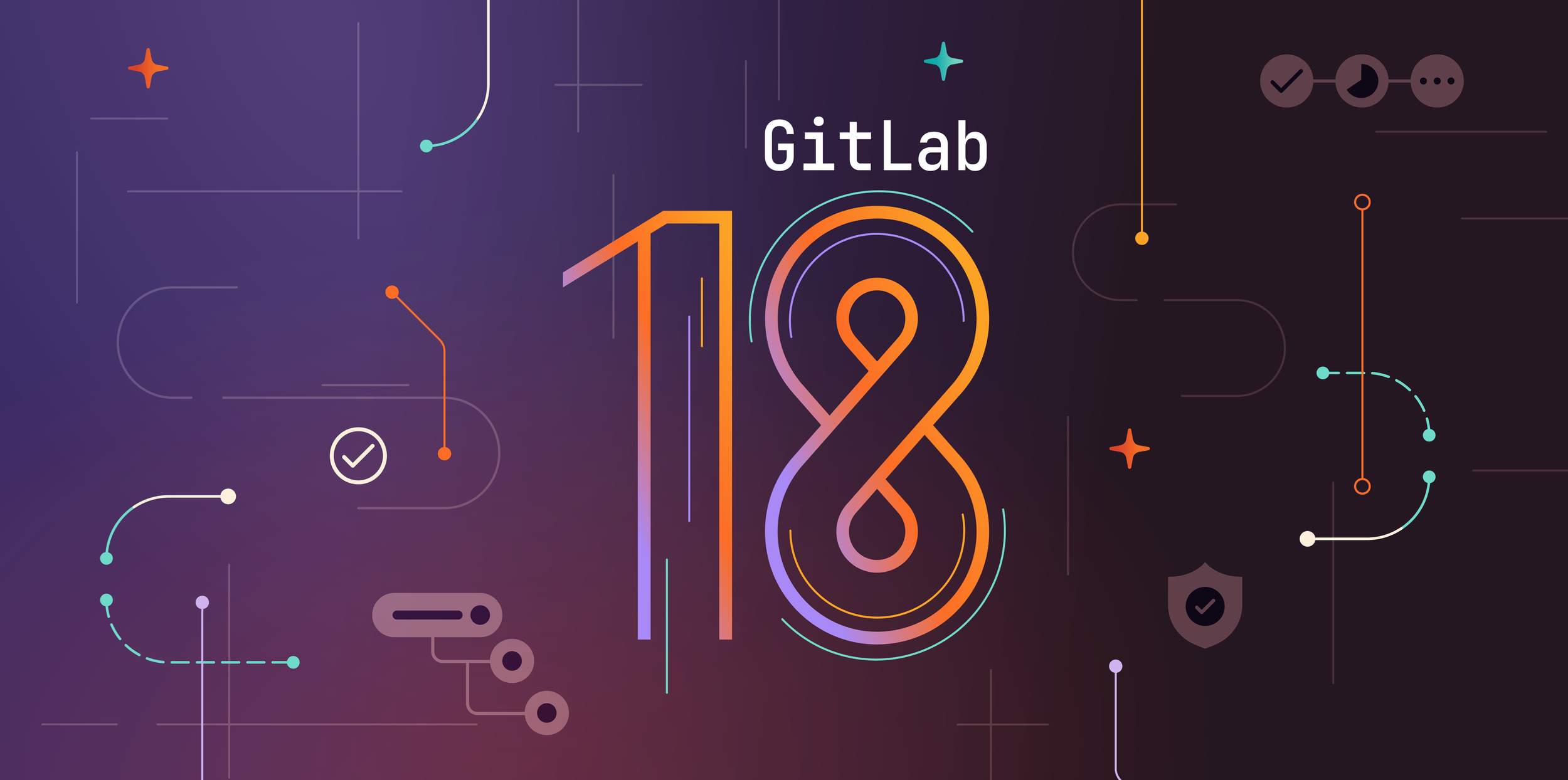 Colourful geometric illustration celebrating the GitLab 18 launch, featuring playful shapes, icons and the number 18