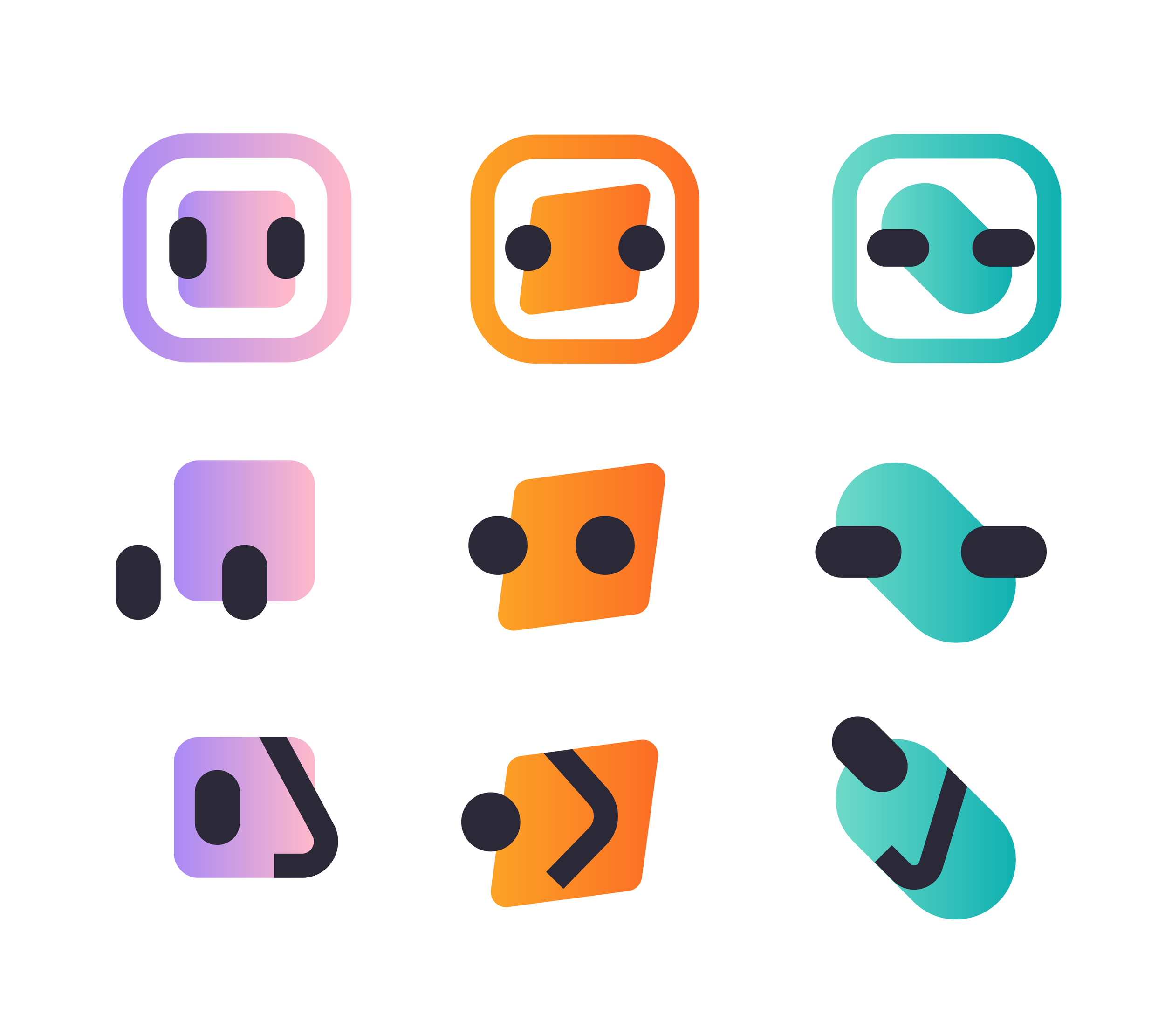 Nine minimalist GitLab Duo AI agent character explorations in purple, orange and teal, experimenting with geometric shapes, expressive eyes and simplified facial features.