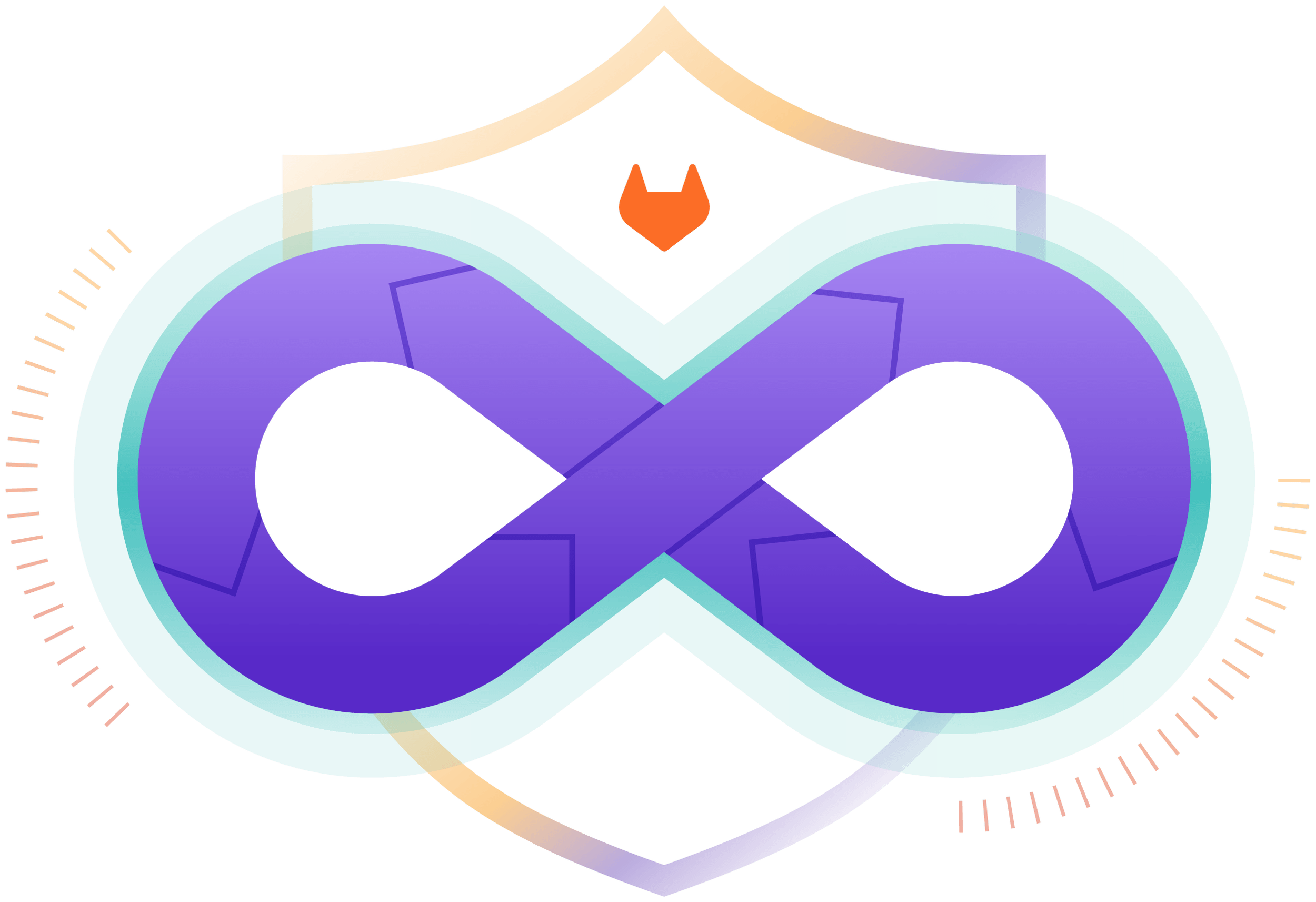 Colourful GitLab DevSecOps illustration featuring a purple infinity symbol surrounded by teal loops, an orange GitLab fox logo and a geometric shield outline.