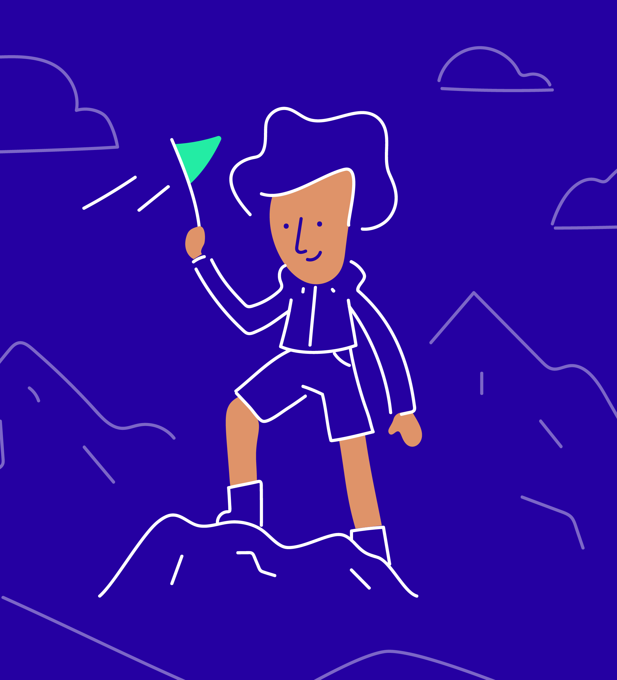 Scratch character illustration of a person holding a flag while standing on a mountain.