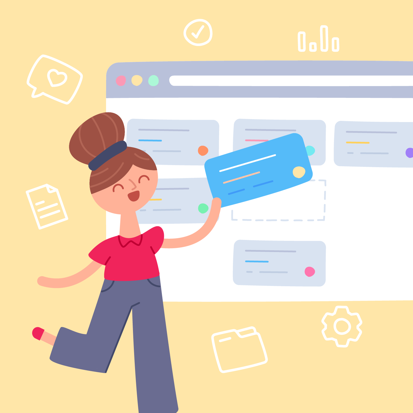Teamwork character illustration showing a woman interacting with a digital product interface.
