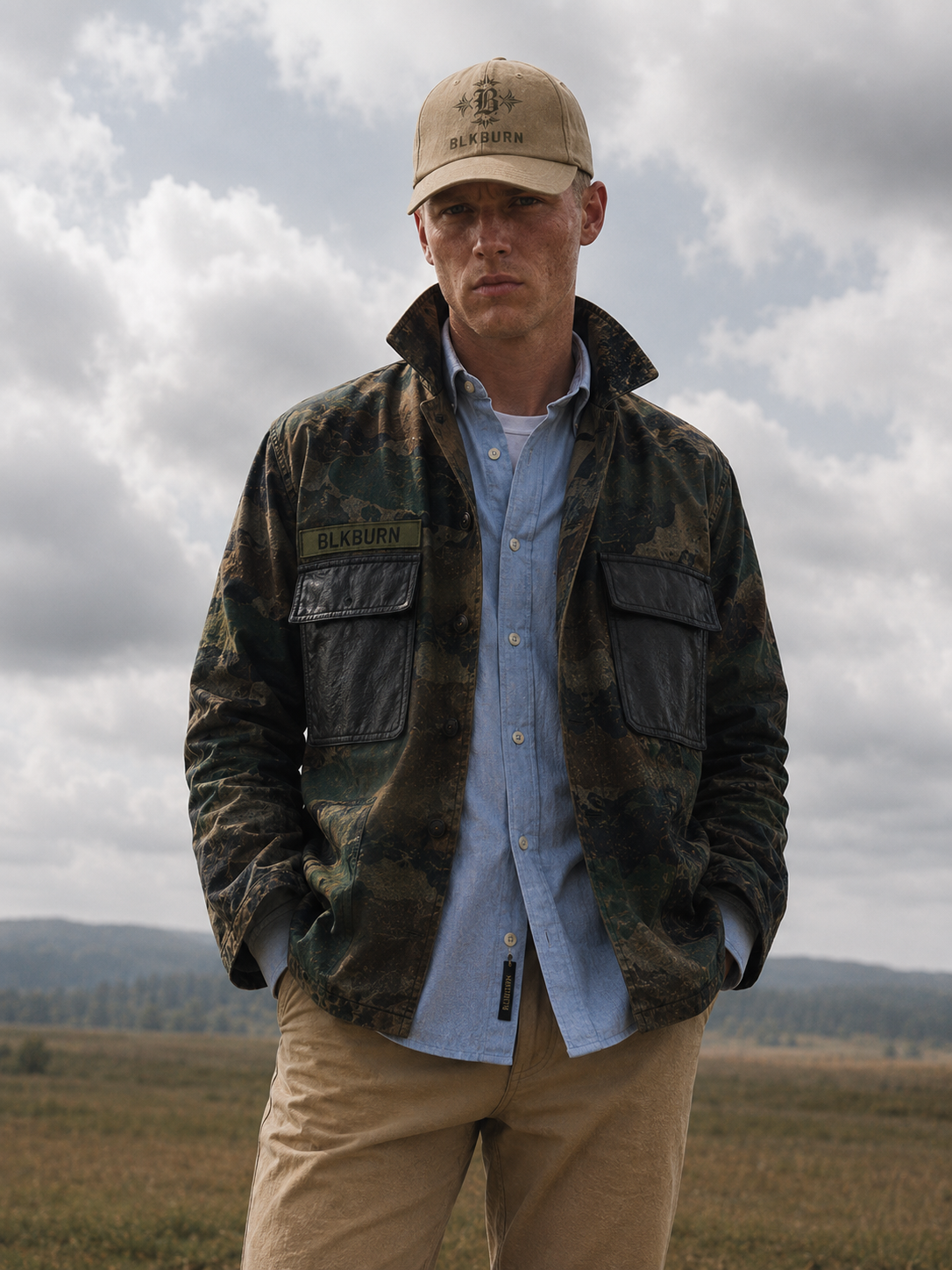 A young man with his hands in his beige pants pockets standing outdoors in a field with a cloudy sky background, wearing a baseball cap, a camouflage jacket with patches, and a light blue button-up shirt.