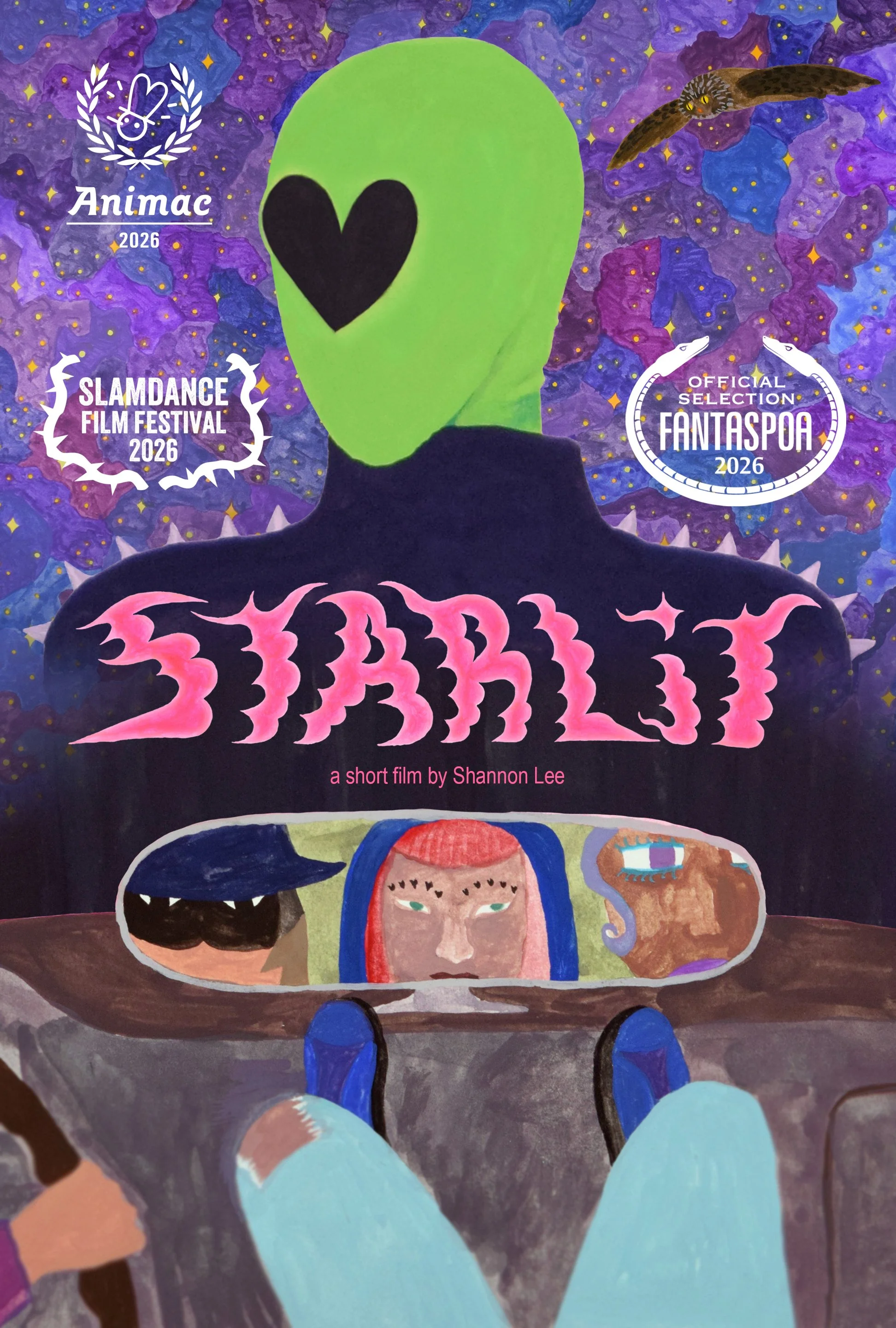 A colorful hand painted film poster shows a figure with a green alien head that has a black heart-shaped eye, and three girls faces in a rearview car mirror. There are multiple film festival laurels, including Slamdance, Fantaspoa, and Animac.