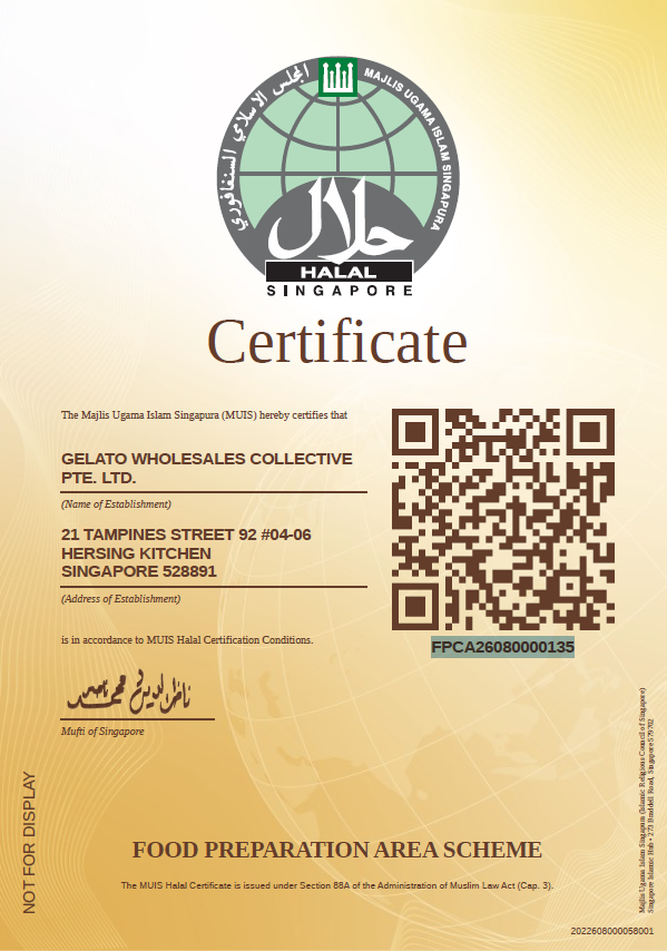 MUIS Halal Certificate for GWC Best Gelato Ice Cream Supplier Singapore