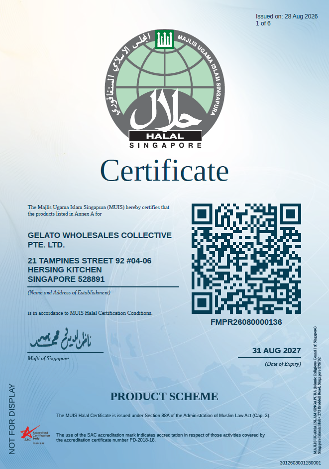 MUIS Halal Certificate Product Scheme for GWC Best Gelato Ice Cream Supplier Singapore