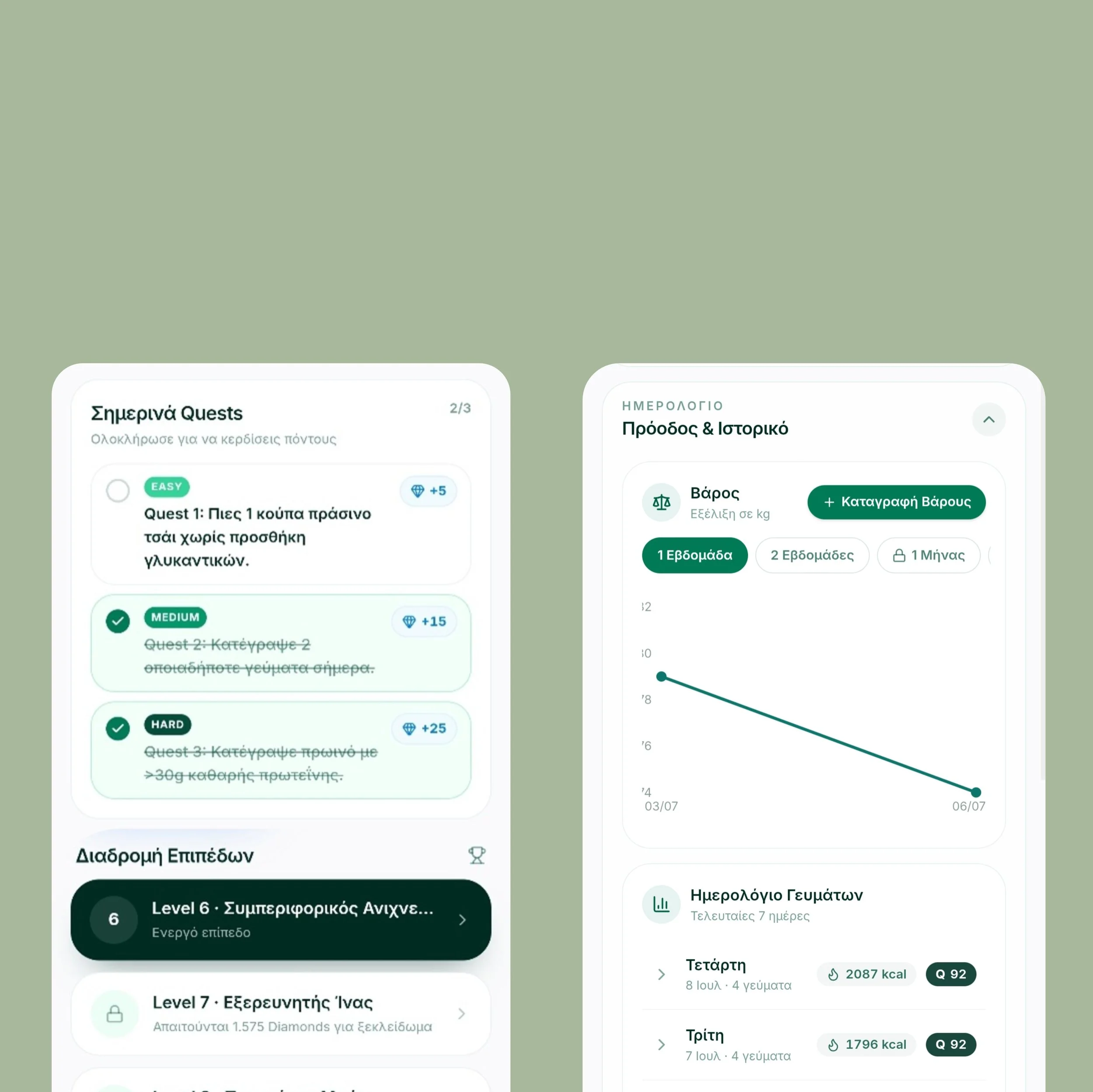 Screenshot of a mobile health or fitness app in Greek, displaying sections about quests, progress, weight tracking, and meal tracking with icons, text, and dates.