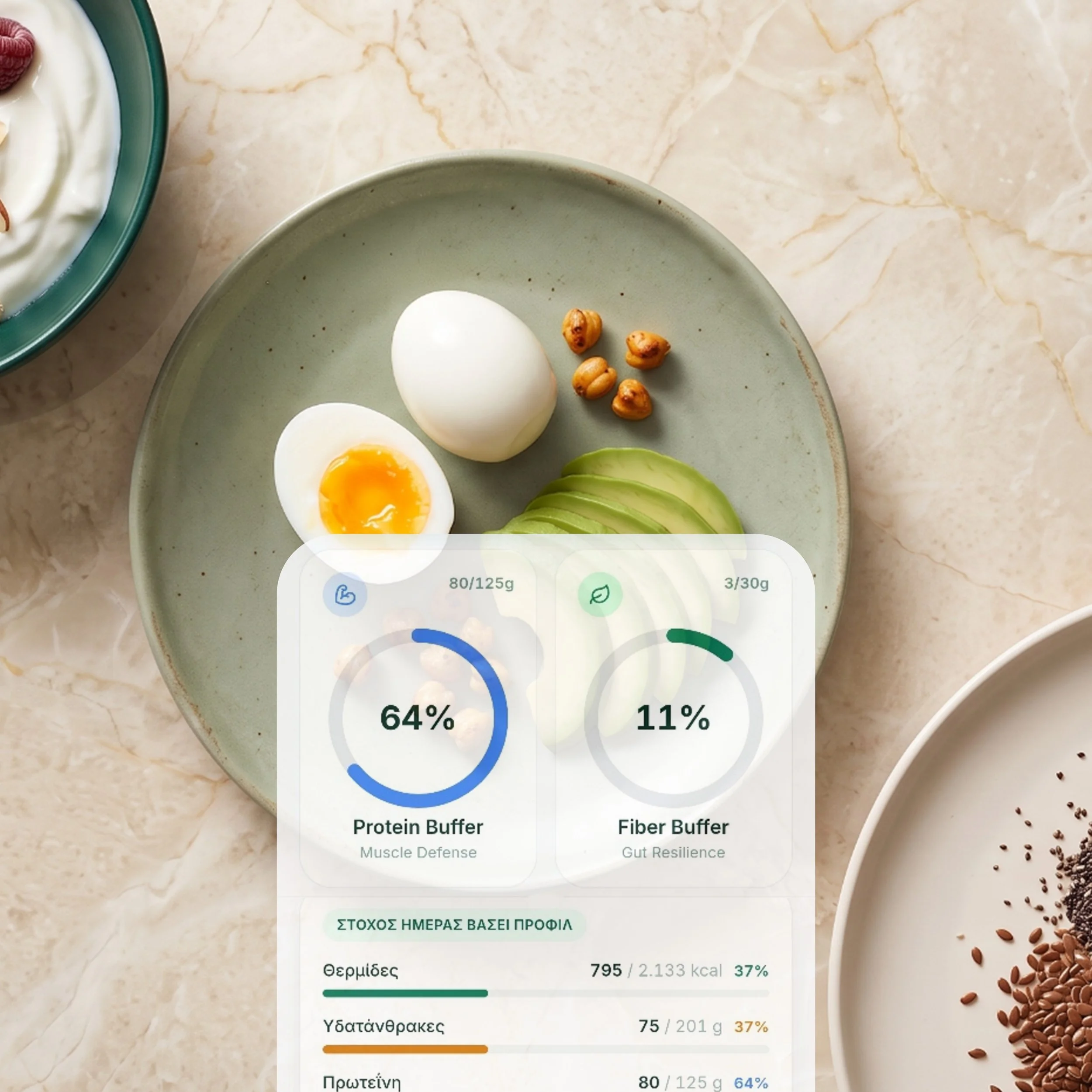 The image shows a top view of a marble countertop with two plates of food and a smartphone. One plate has a soft-boiled egg, some avocados, and roasted chickpeas, while the other plate contains creamy yogurt with berries and nuts. The smartphone displays a health tracking app.